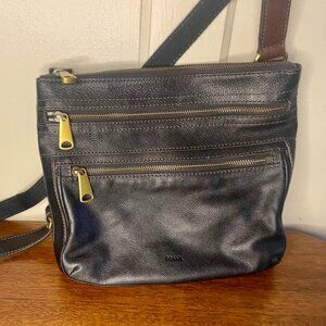 Leather Fossil Shoulder Bag with Brass Hardware and Zipper Pockets